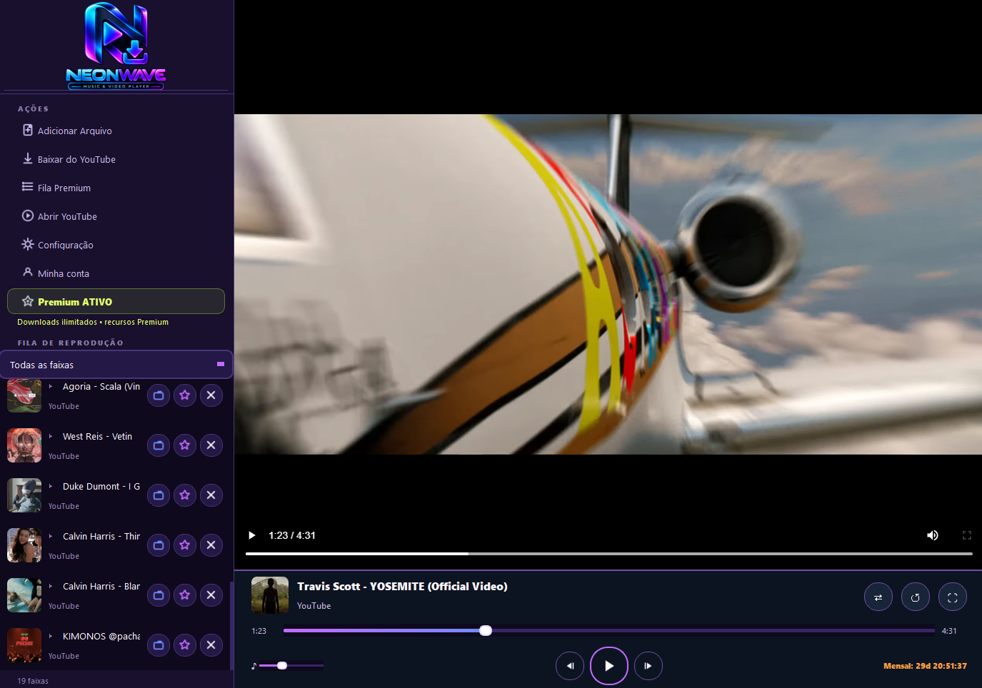 Interface real do NeonWave Player com biblioteca, downloads do YouTube e reprodução de vídeo